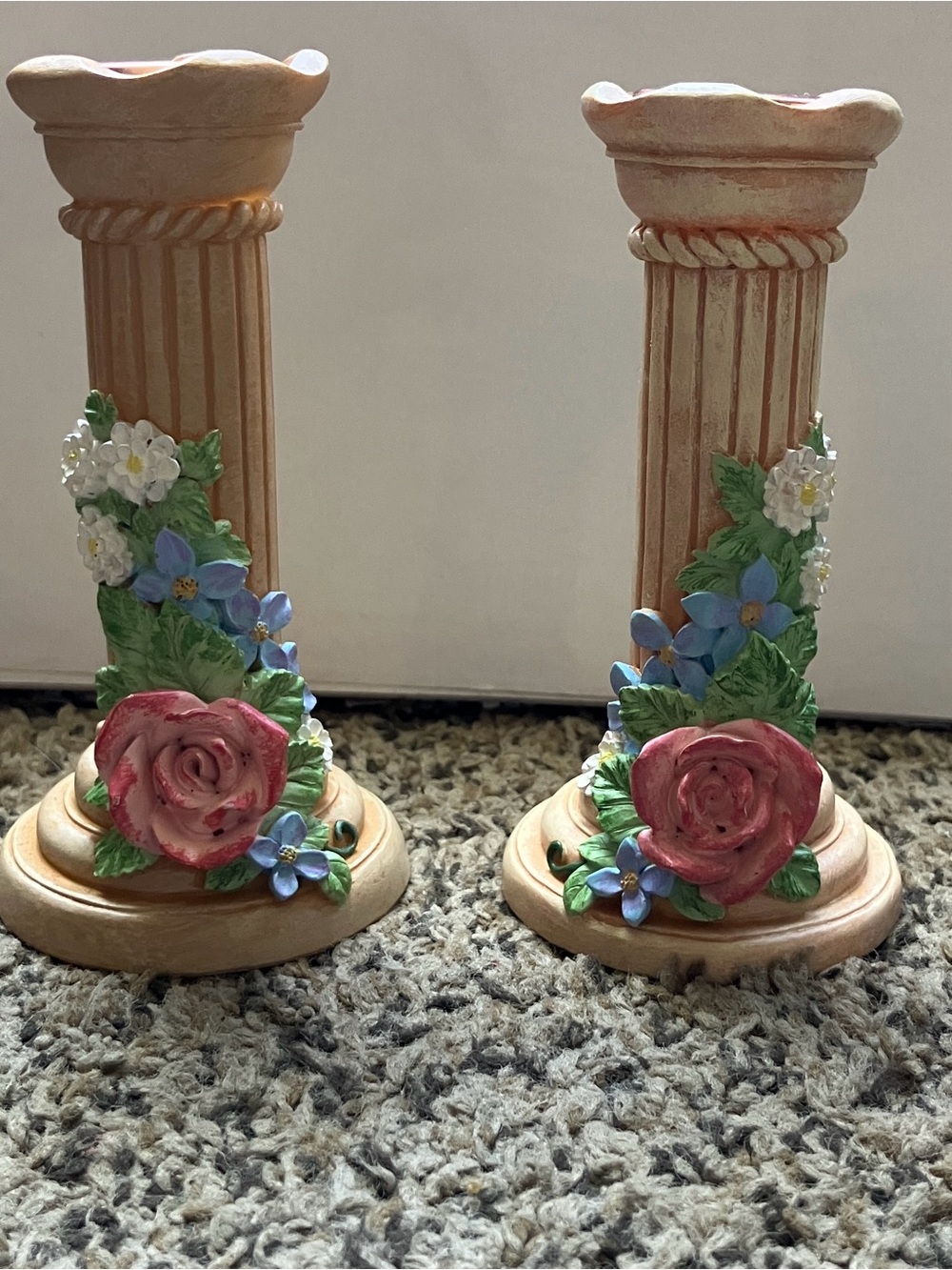 Floral Ceramic Column Candle Holders - Pink Rose Accent